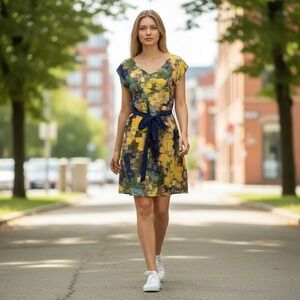 Maeve Dress Womens 4 Multicolor Silk Belted Abstract Print Short Sleeve Boho